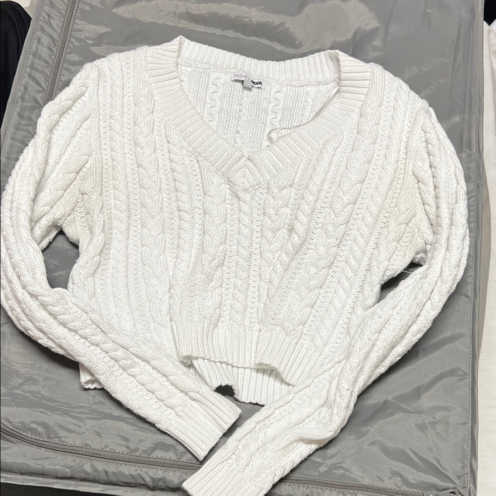 Fashion Nova Ivory V-Neck Cable Sweater